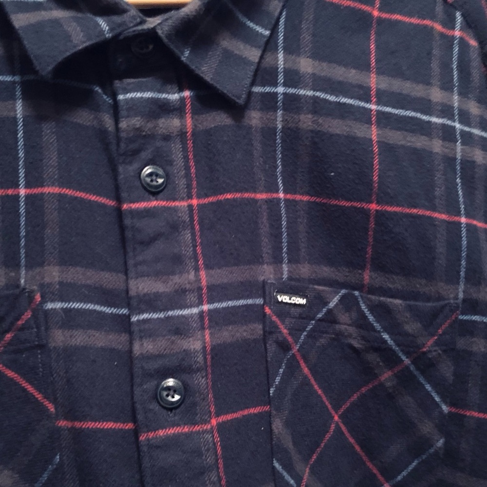 Volcom Navy Blue Plaid Flannel Striped Button-Down Shirt Men’s XXL